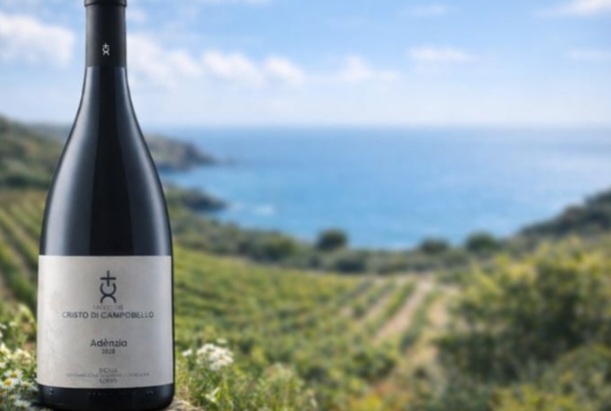 Bottiglia Adènzia del Cristo di Campobello con sullo sfondo il mare e i vigneti